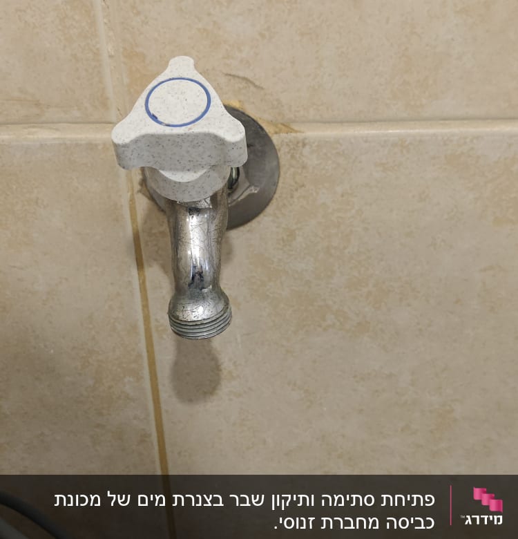 ברז מים עם ידית לבנה על קיר קרמיקה